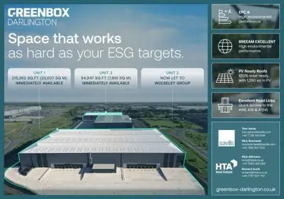 Post by Greenbox Development on LinkedIn: Space that works as hard as your ESG targets. Greenbox Darlington has two units available immediately, with Unit 2 already let to Wolseley Group. 🟩 Unit 1: 215,362 sq ft with 15m eaves and 16 dock loading doors 🟩 Unit 3: 84,947 sq ft with 12.5m eaves and 6 dock loading doors 🌍 Both are built to EPC A and BREEAM Excellent standards, with PV-ready roofs, air source heat pumps and 10% EV parking. ⏱️ The A66 is 6 minutes away and the A1(M) is 12. 🚗 Over 1.38 million people live within a 45-minute drive. If your ESG targets are on the agenda for your next move, contact: 👨‍💼Tom Asher or Nick Bramwell at Savills 👨‍💼Nick Atkinson or Richard Scott at HTA Real Estate - Industrial Property Specialists. #Industrial #Warehouse #Darlington #NetZero #ESG #CommercialProperty Citivale James Appleton-Metcalfe Four Walls PR Simon Taylor Tees Valley Combined Authority Michael Kendall Craig Peacock Madeleine Bennett Sarah Travis Invest in Darlington Darlington Employers Environmental Partnership Carole Earl Chelsea Johnson